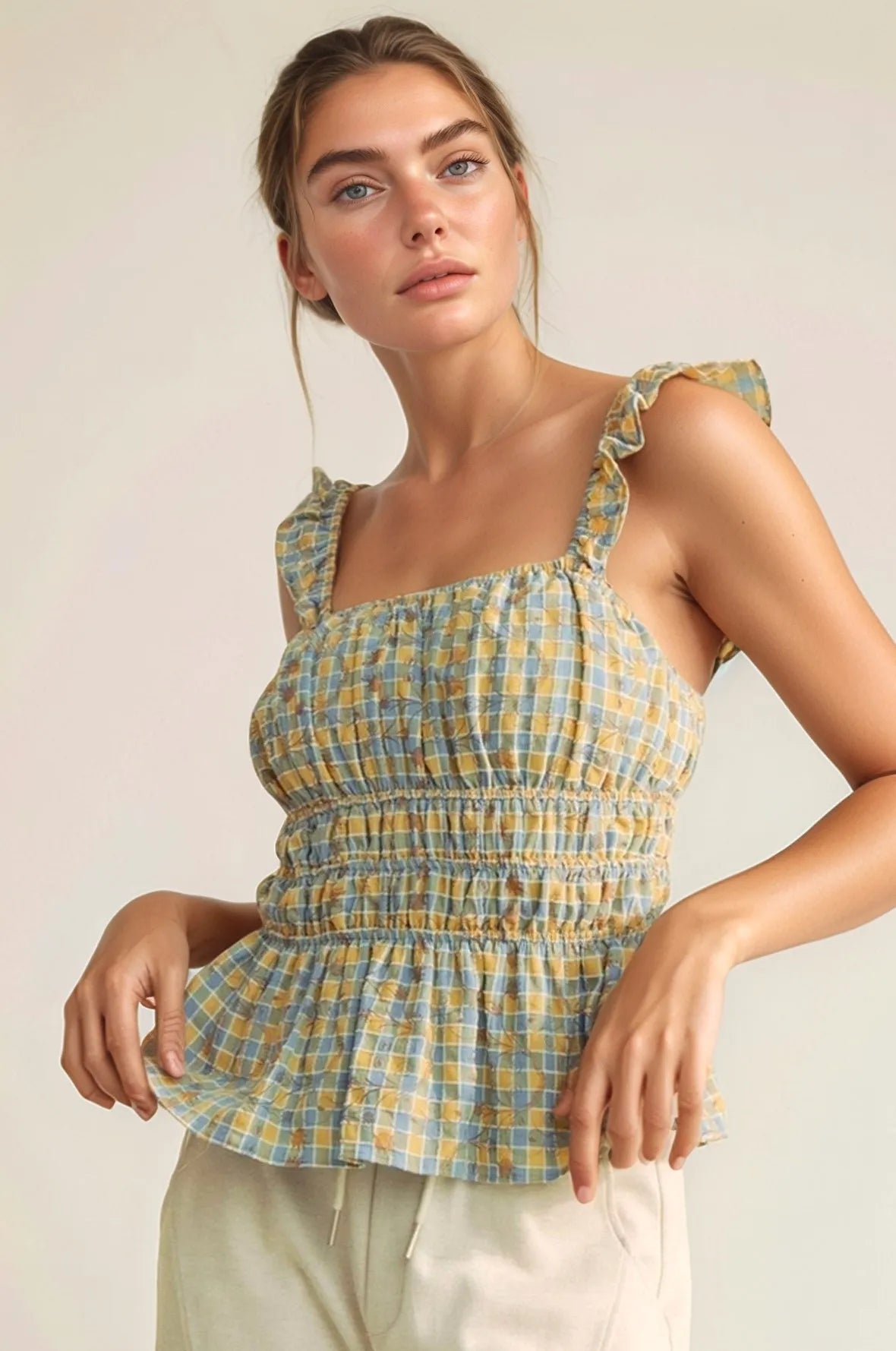 Plaid Ruffled Strap Smocked Sleeveless Top – outfit idea for women | Ro + Ivy