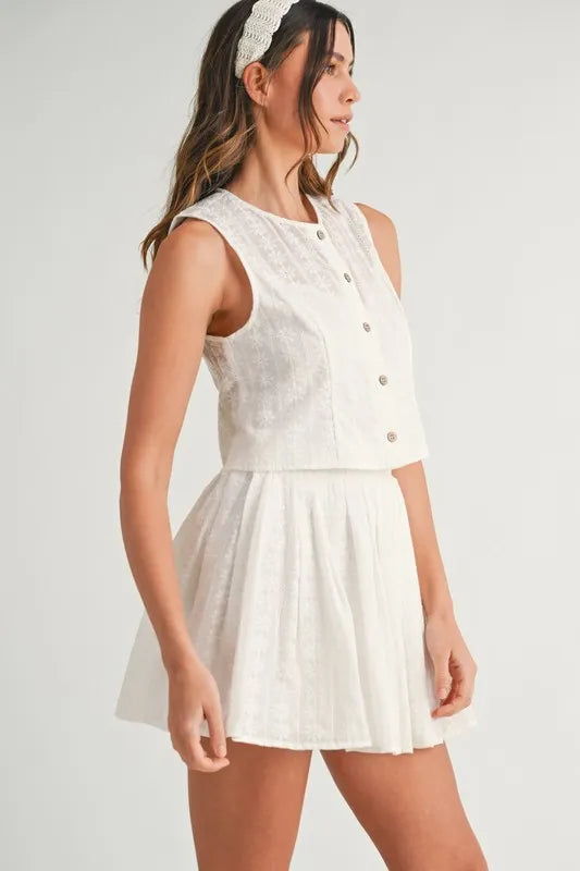 Eyelet Lace Top And Mini Skirt Set – outfit idea for women | Ro + Ivy