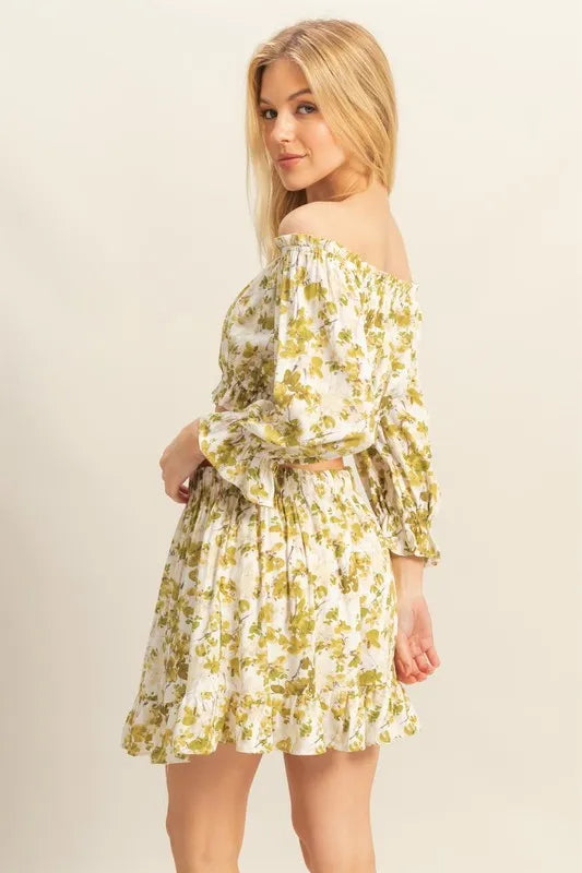 Floral Off-Shoulder Flounce Sleeve Top And Skirt Set – outfit idea for women | Ro + Ivy