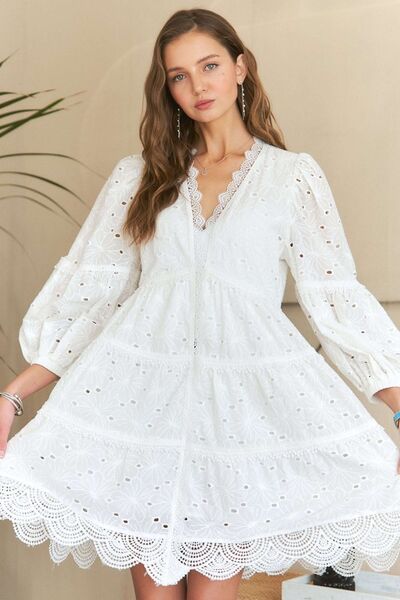 Lace Detail Tiered Eyelet V-Neck Babydoll Dress Trendy Mini Dresses Outfit Idea for Women | Ro + Ivy