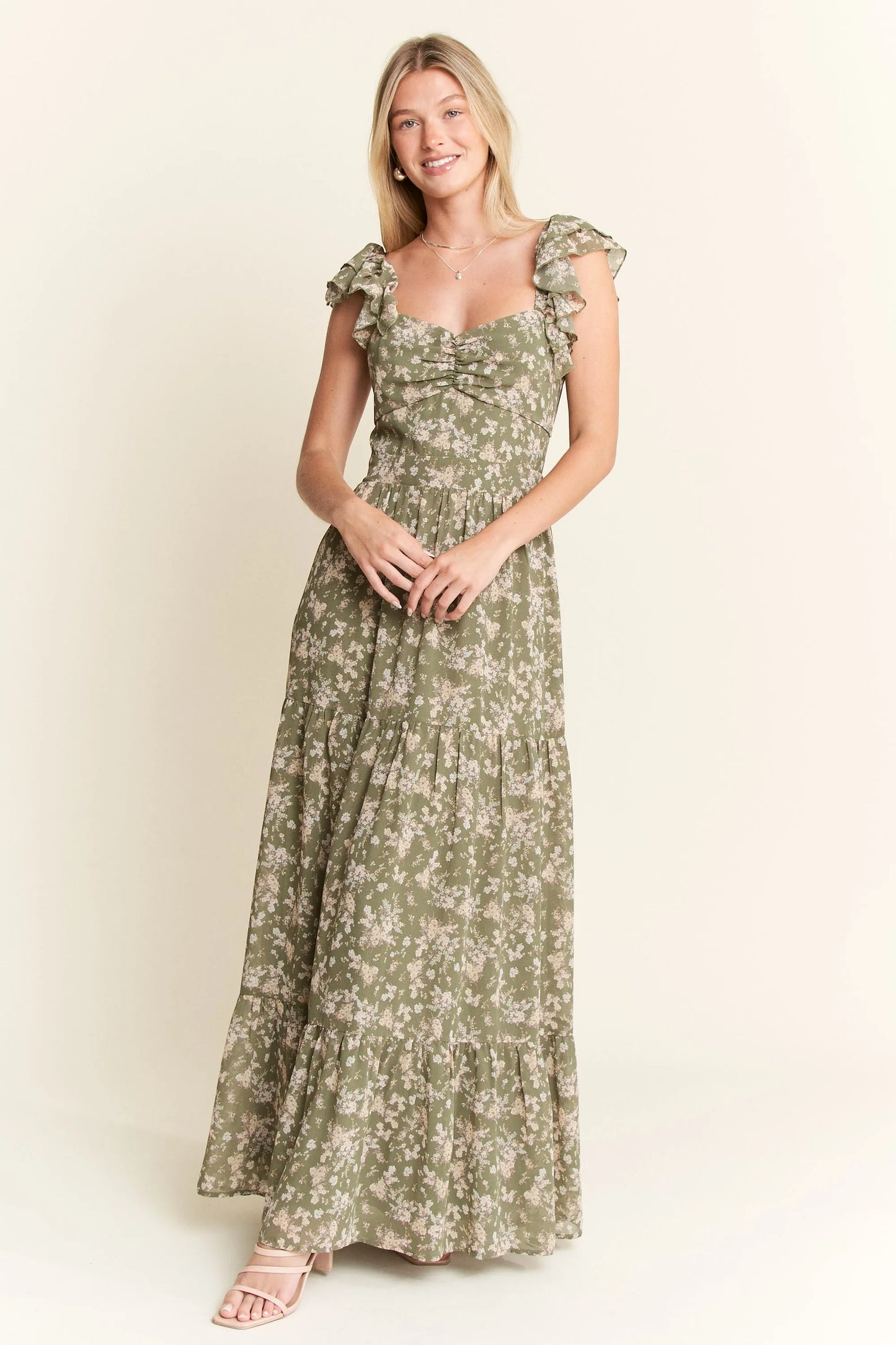Ruffle Sleeve Tiered Maxi Dress – outfit idea for women | Ro + Ivy