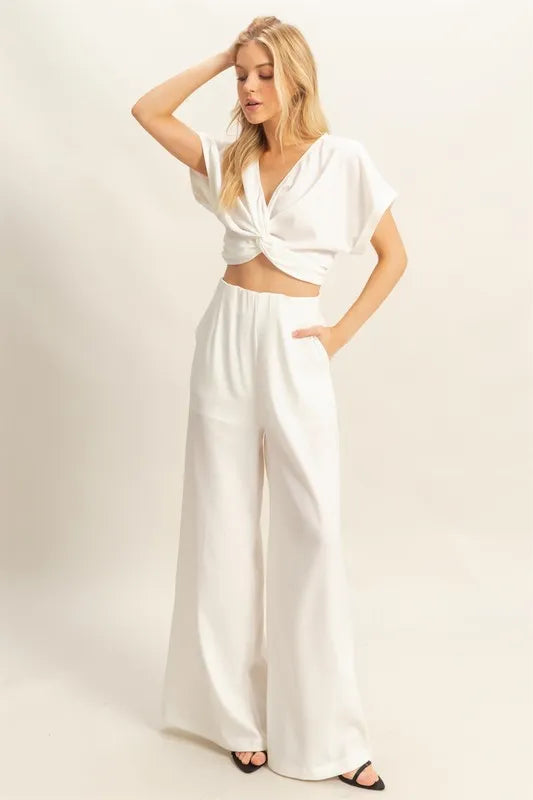 Twisted Front Short Sleeve Top And Wide Leg Pants Set – Off White outfit idea for women | Ro + Ivy