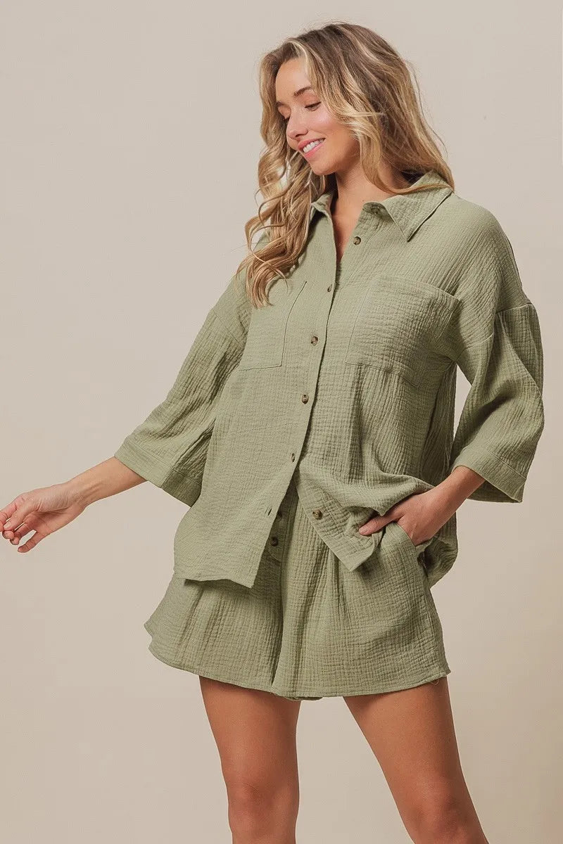 Crinkle Gauze Shirt And Short Set – outfit idea for women | Ro + Ivy
