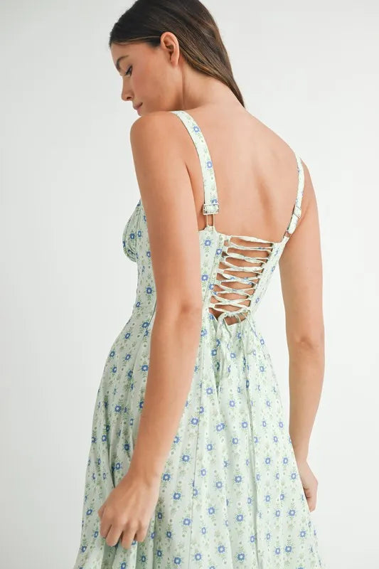 Floral Print Bustier Back Lace Up Midi Dress in Mint – outfit idea for women | Ro + Ivy