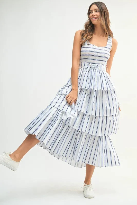 Pin Stripe Smocked Bodice Layered Midi Dress – outfit idea for women | Ro + Ivy