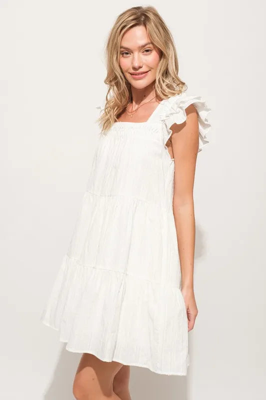 Origami Pleating Ruffled Sleeve Tiered Mini Dress – outfit idea for women | Ro + Ivy