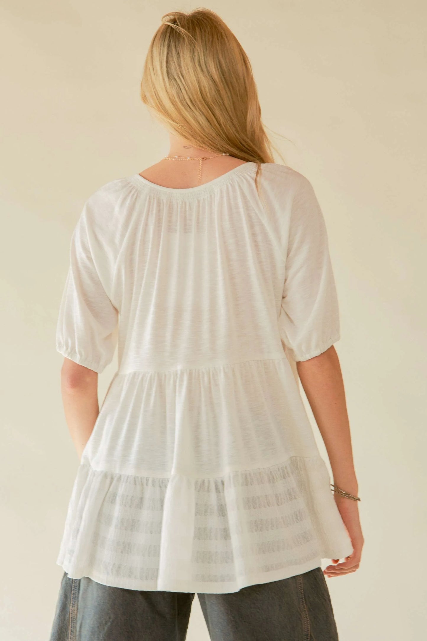 Ruffled Flared Short Sleeve V Neck Blouse – outfit idea for women | Ro + Ivy