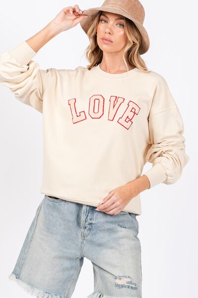 LOVE Path Applique Drop Shoulder Sweatshirt in Ivory - Ro + Ivy