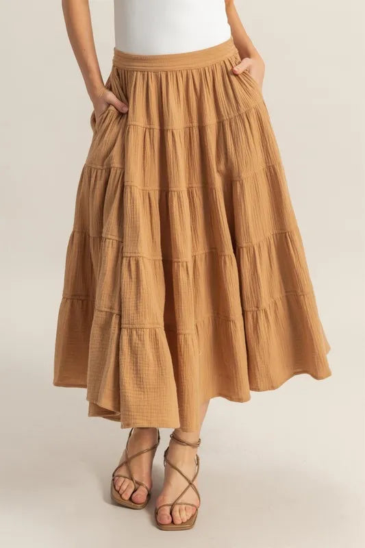 Double Gauze Tiered Midi Skirt With Pockets – Camel outfit idea for women | Ro + Ivy