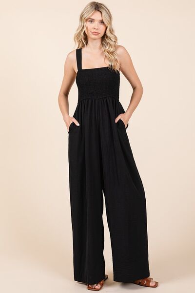 Smocked Wide Strap Wide Leg Overalls - Ro + Ivy