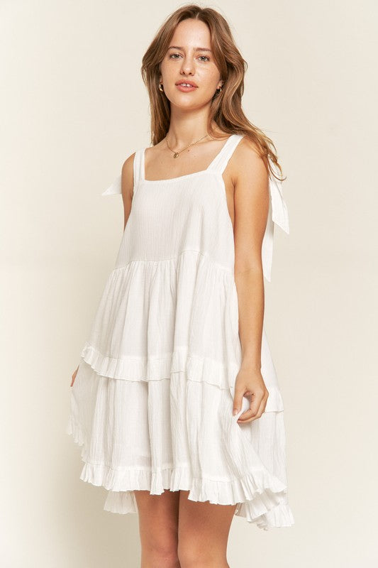 Square Neck Tiered Ruffle Bow Ties Mini Dress – outfit idea for women | Ro + Ivy