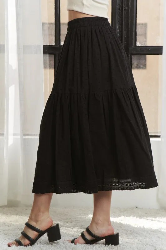 Elastic Waistband Tiered Midi Skirt – outfit idea for women | Ro + Ivy