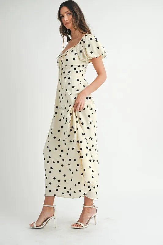 Ka Dot Puff Sleeve Midi Dress – outfit idea for women | Ro + Ivy