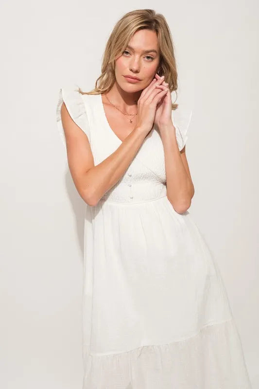 Ruffle Sleeve Front Smocked Tiered Midi Dress — Whimsical Romantic Feminine Flowing Style - Mini Dresses