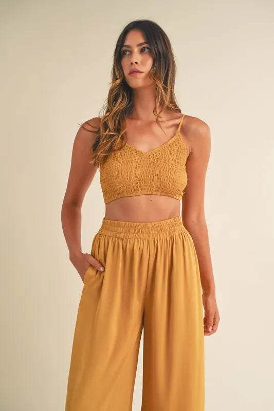 Smocked Bralette Crop Top And Wide Leg Pants Set – outfit idea for women | Ro + Ivy