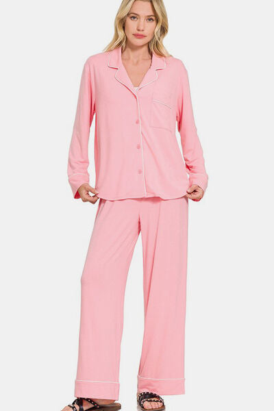 Button Down Long Sleeve Top and Pants Sleepwear Set in Pink - Ro + Ivy