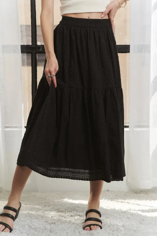 Elastic Waistband Tiered Midi Skirt – outfit idea for women | Ro + Ivy