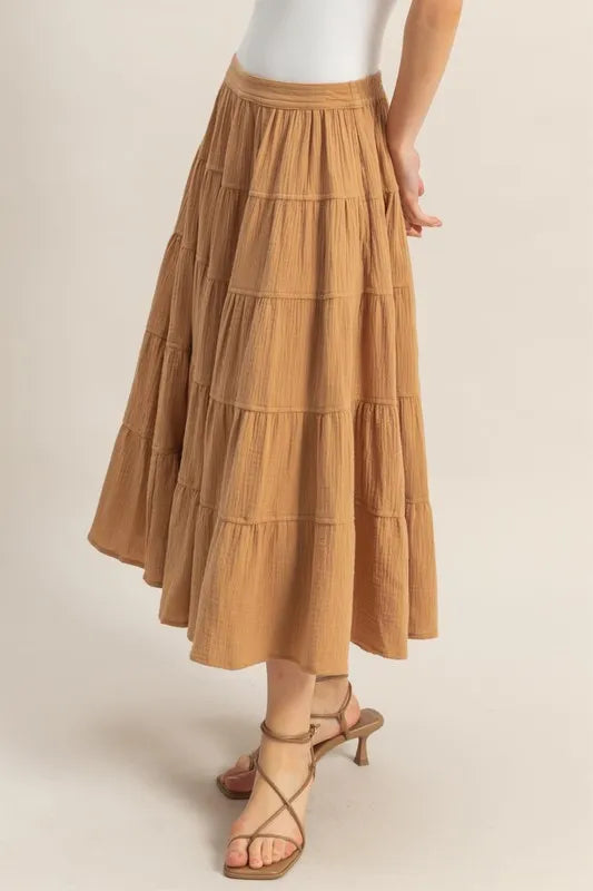Double Gauze Tiered Midi Skirt With Pockets – outfit idea for women | Ro + Ivy