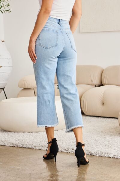 Full Size Tummy Control High Waist Raw Hem Distressed Jeans Trendy Jeans Outfit Idea for Women | Ro + Ivy