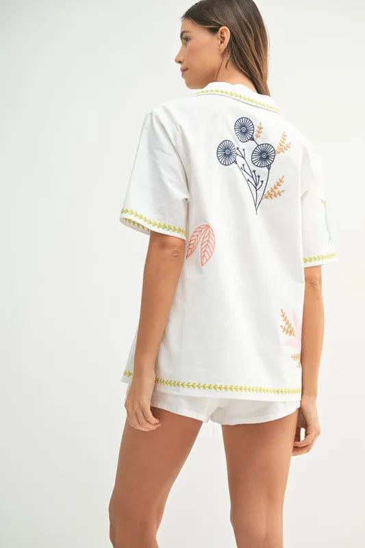 Embroidered Button Down Shirt And Shorts Set – outfit idea for women | Ro + Ivy