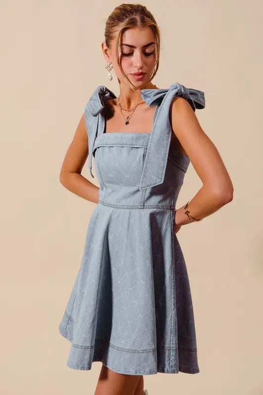 A Line Fit And Flare Diamond Bow Ribbon Denim Mini Dress – outfit idea for women | Ro + Ivy