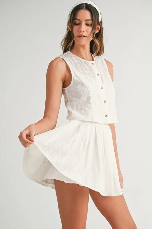 Eyelet Lace Top And Mini Skirt Set – outfit idea for women | Ro + Ivy