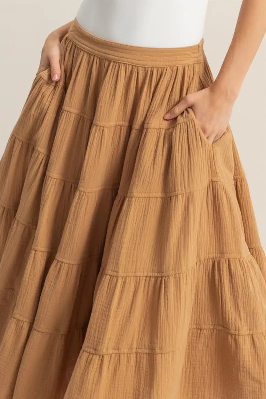 Double Gauze Tiered Midi Skirt With Pockets – outfit idea for women | Ro + Ivy