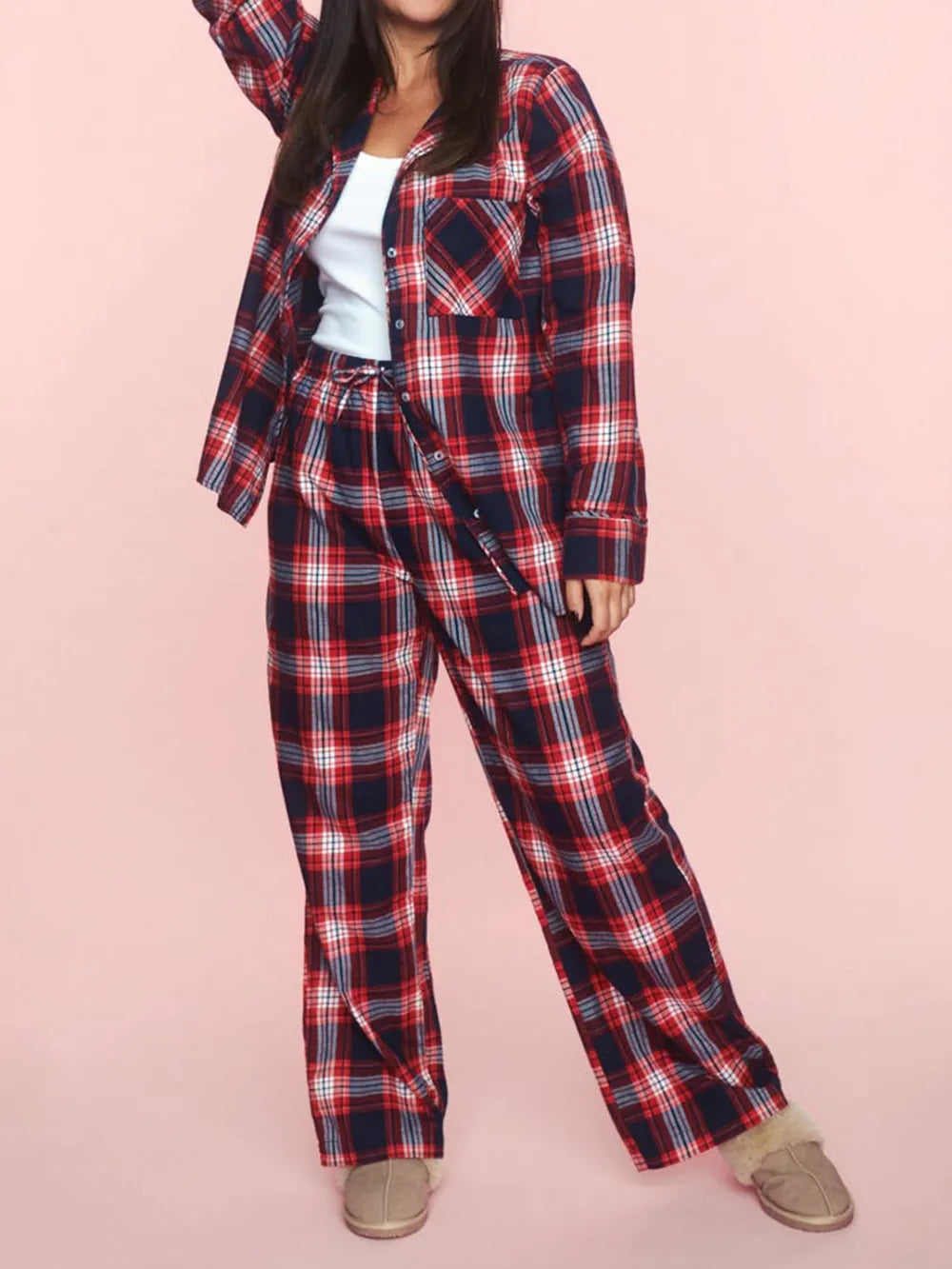 Plaid Two-Piece Lounge Set with Collared Button-Up Top and Matching Pants