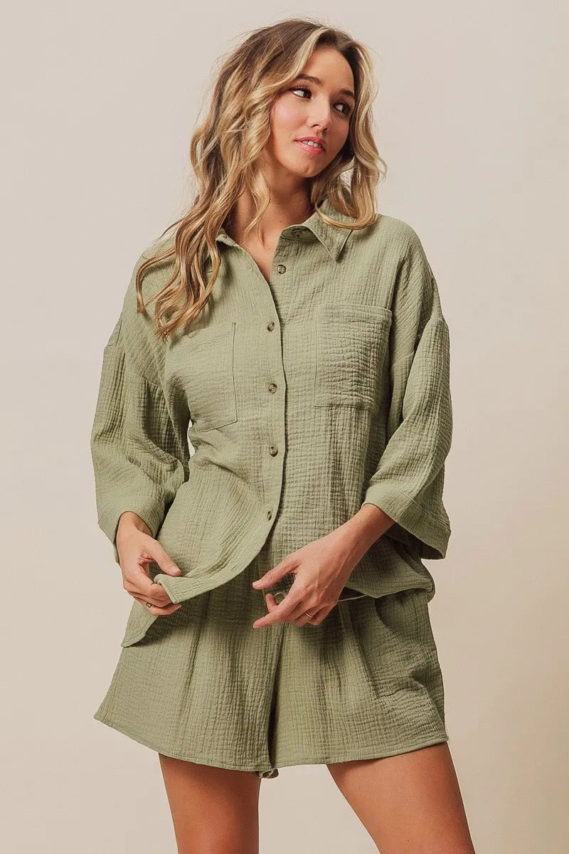 Crinkle Gauze Shirt And Short Set – outfit idea for women | Ro + Ivy