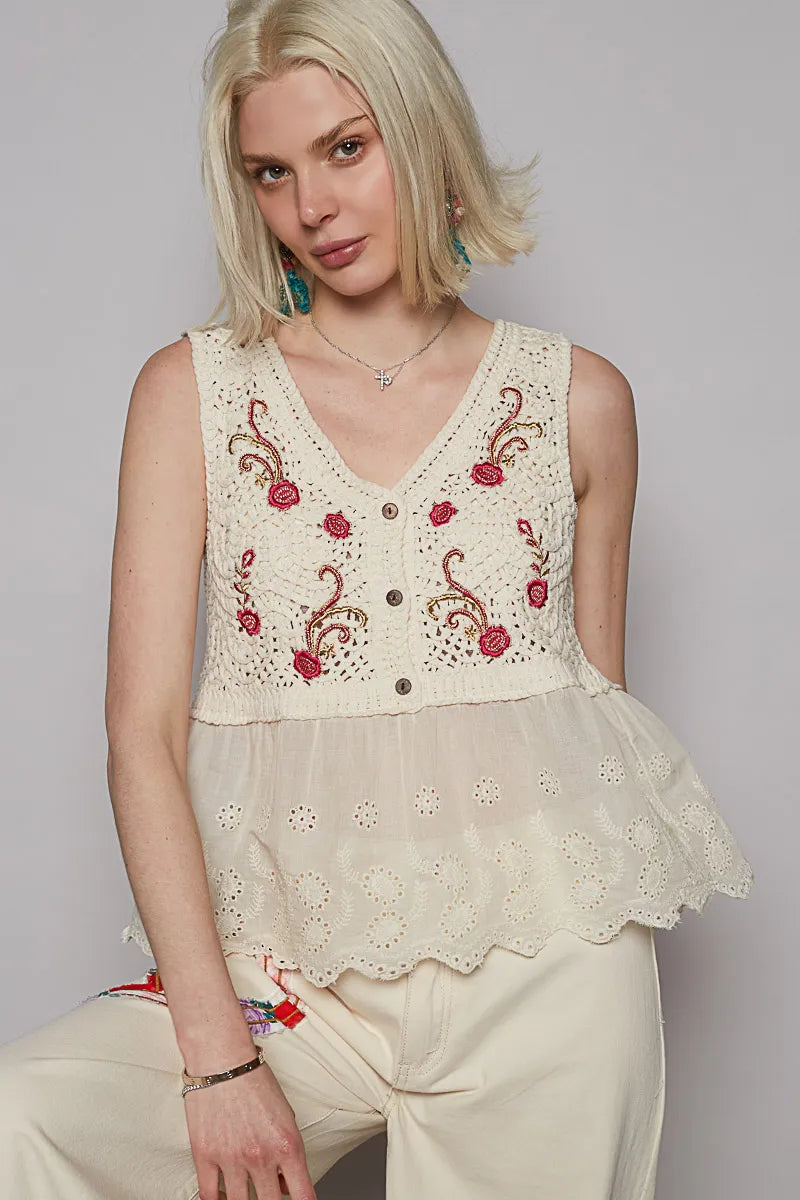 Embroidered Detail V-Neck Eyelet Peplum Tank – Cream One Size outfit idea for women | Ro + Ivy