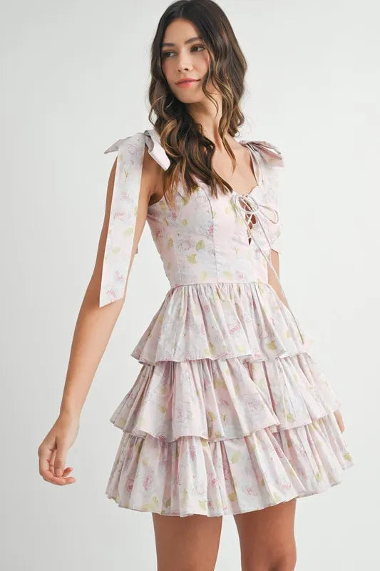 Floral Print Shoulder Tie Layered Mini Dress in Off White – Pink outfit idea for women | Ro + Ivy