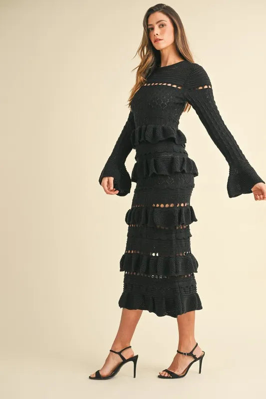 Long Sleeve Tiered Ruffle Knit Midi Dress – outfit idea for women | Ro + Ivy