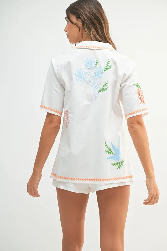 Embroidered Button Down Shirt And Shorts Set – outfit idea for women | Ro + Ivy