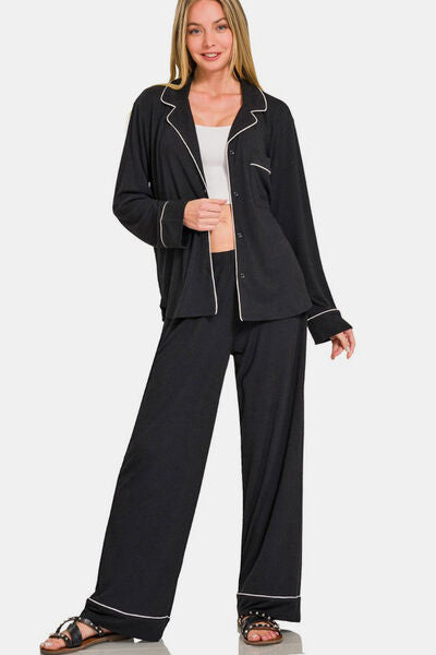 Black Button Down Long Sleeve Top and Pants Sleepwear Set in Black Trendy Sleepwear Sets Outfit Idea for Women | Ro + Ivy
