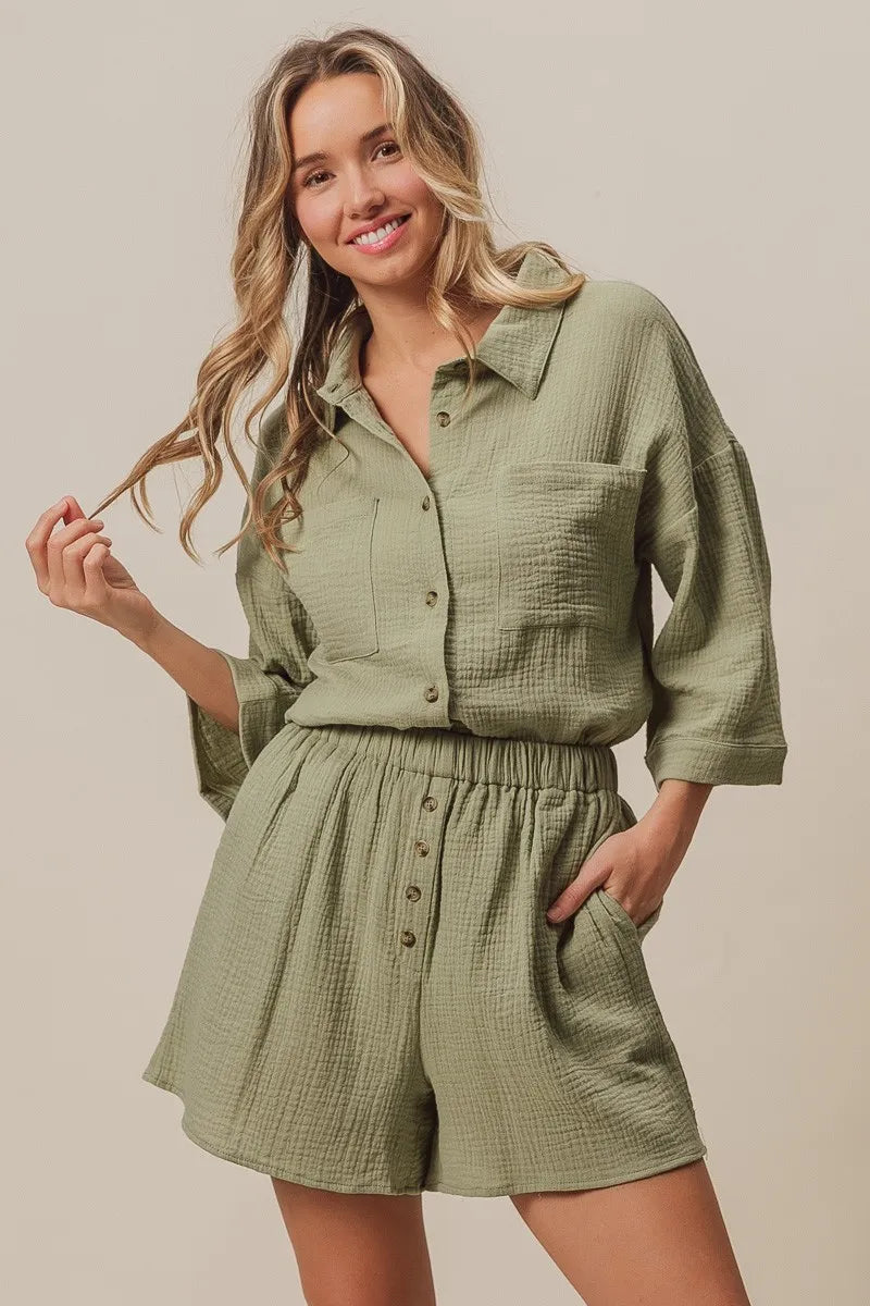Crinkle Gauze Shirt And Short Set – outfit idea for women | Ro + Ivy