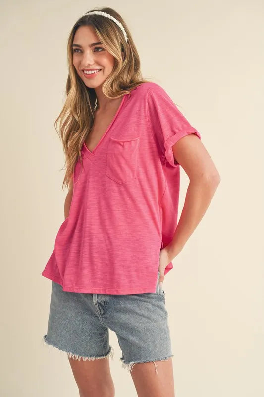 Side Slit V-Neck Short Rolled Sleeve T-Shirt – outfit idea for women | Ro + Ivy