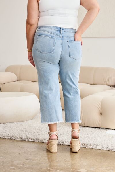 Full Size Tummy Control High Waist Raw Hem Distressed Jeans Trendy Jeans Outfit Idea for Women | Ro + Ivy