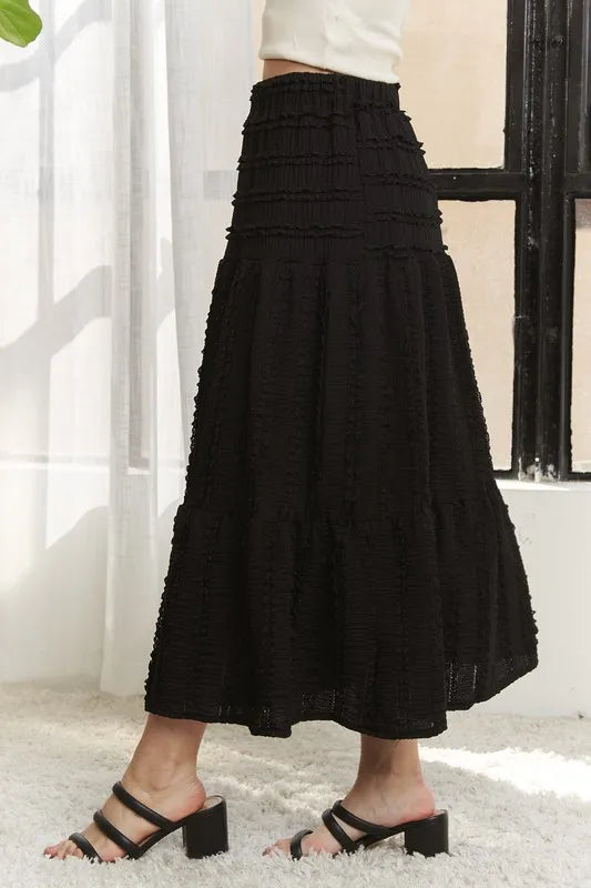 Elastic Waistband Tiered Midi Skirt – outfit idea for women | Ro + Ivy