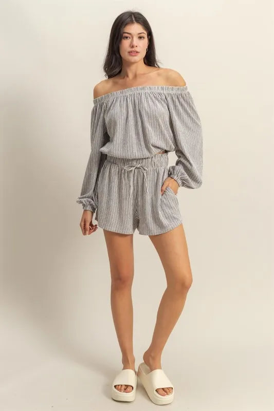 Off Shoulder Top and Shorts Set – BLACK WHITE outfit idea for women | Ro + Ivy