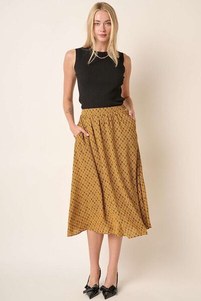 Mustard Printed Midi Skirt in Mustard Trendy Skirts Outfit Idea for Women | Ro + Ivy