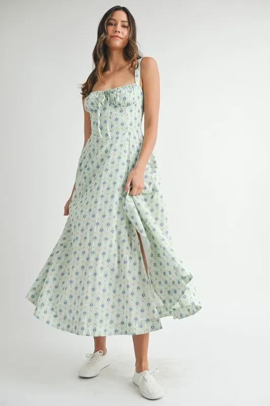 Floral Print Bustier Back Lace Up Midi Dress in Mint – outfit idea for women | Ro + Ivy