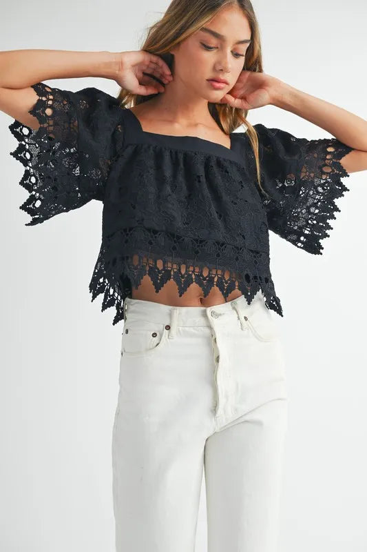 Square Neck Crochet Lace Top With Double Bow Tie – outfit idea for women | Ro + Ivy