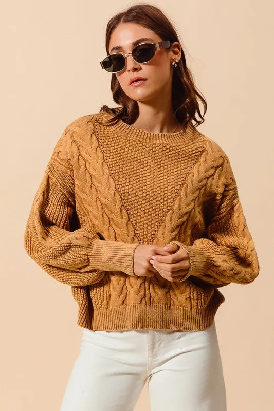 Mineral Washed Loose Fit Textured Cable Sweater – outfit idea for women | Ro + Ivy