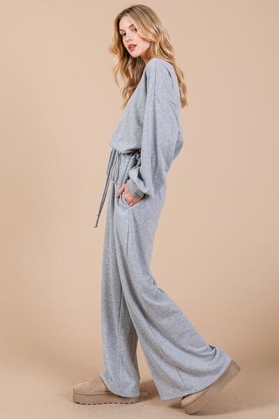 Boat Neck Long Sleeve Drawstring Jumpsuit - Ro + Ivy