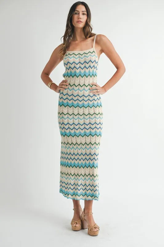 Lightweight Pointelle Chevron Knit Maxi Dress – outfit idea for women | Ro + Ivy