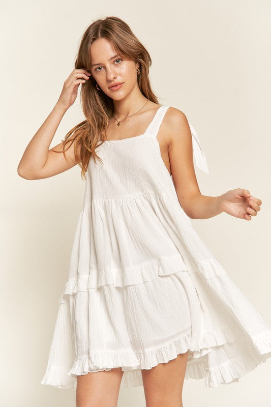 Square Neck Tiered Ruffle Bow Ties Mini Dress – outfit idea for women | Ro + Ivy