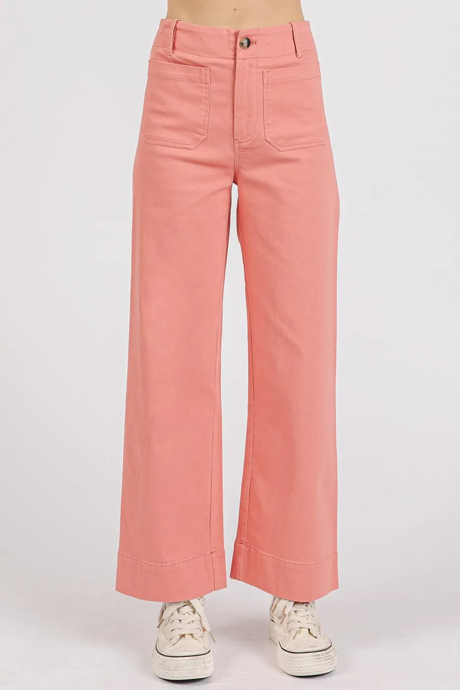 Twill Patch Pocket High Rise Wide Leg Pants – CORAL PINK outfit idea for women | Ro + Ivy