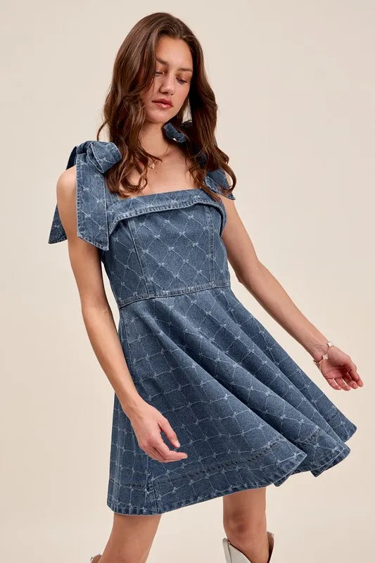 A Line Fit And Flare Diamond Bow Ribbon Denim Dress – outfit idea for women | Ro + Ivy