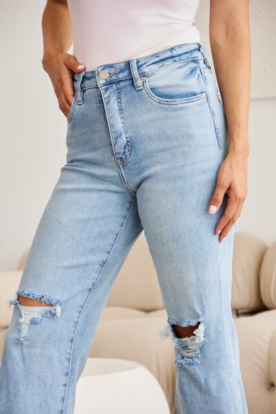Full Size Tummy Control High Waist Raw Hem Distressed Jeans Trendy Jeans Outfit Idea for Women | Ro + Ivy