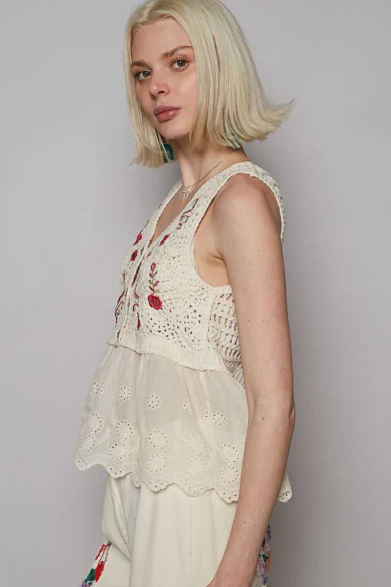 Embroidered Detail V-Neck Eyelet Peplum Tank – outfit idea for women | Ro + Ivy